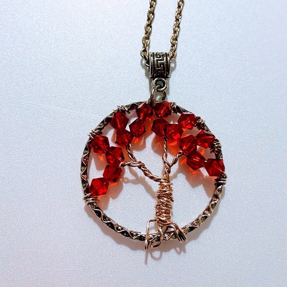Red crystal beaded tree of life necklace